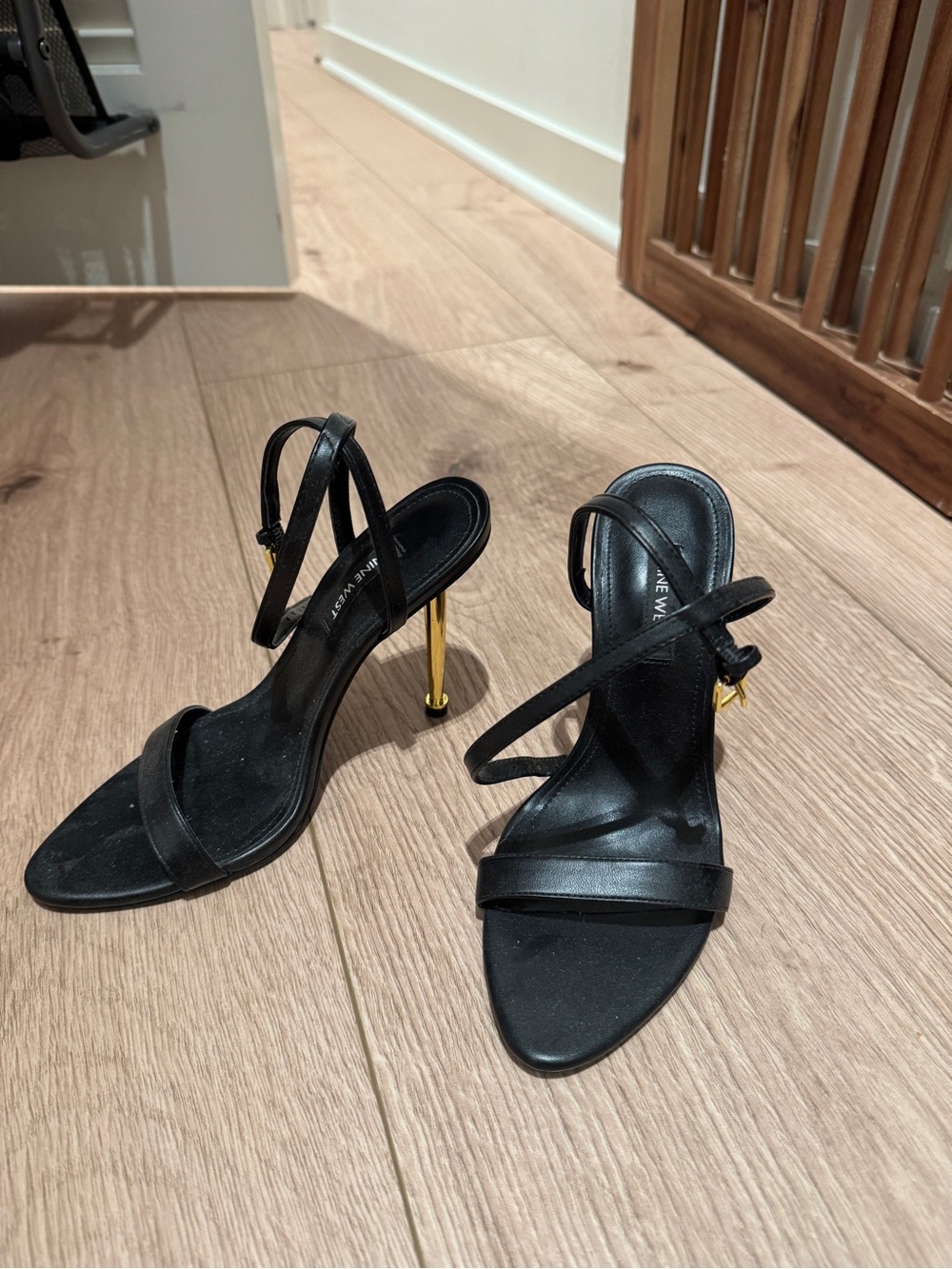 Nine West Black Strappy Heeled Sandals with Gold Stiletto